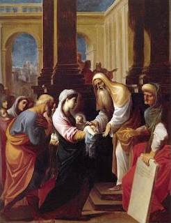 O santo velho Simeão profetiza as dores de Maria durante a apresentação do Menino Jesus no Templo